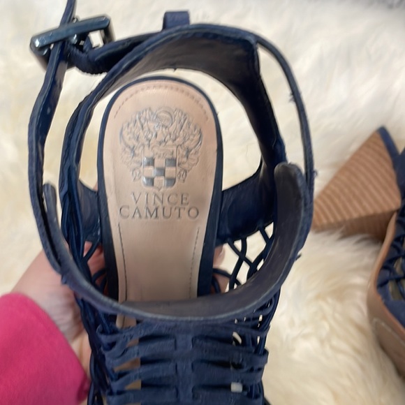 Vince Camuto Evel Caged Wooden Stacked Heel Sandal Navy Blue Size 7 - Picture 3 of 4